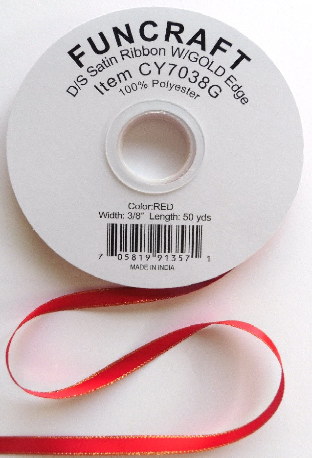CY7038G - Funcraft 3/8" D/S Satin Ribbon W/ Gold Edge