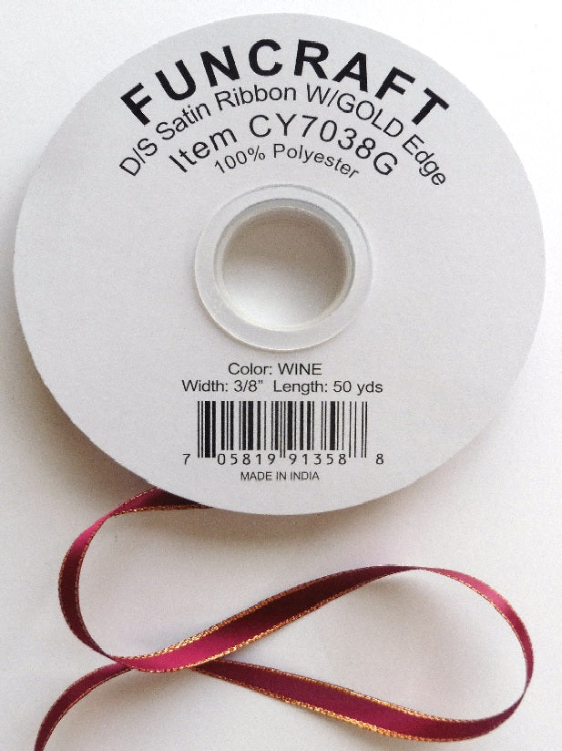 CY7038G - Funcraft 3/8" D/S Satin Ribbon W/ Gold Edge